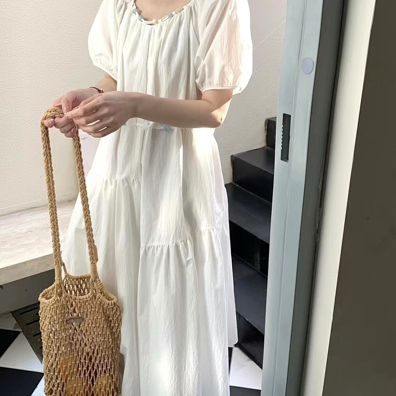 夏季128白色泡泡袖宽松韩系风圆领气质甜美连衣裙女款
