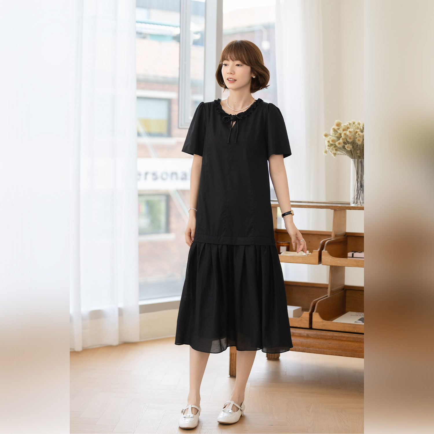 【新品】【夜色玫瑰】FS505L087下摆抽皱拼接连衣裙