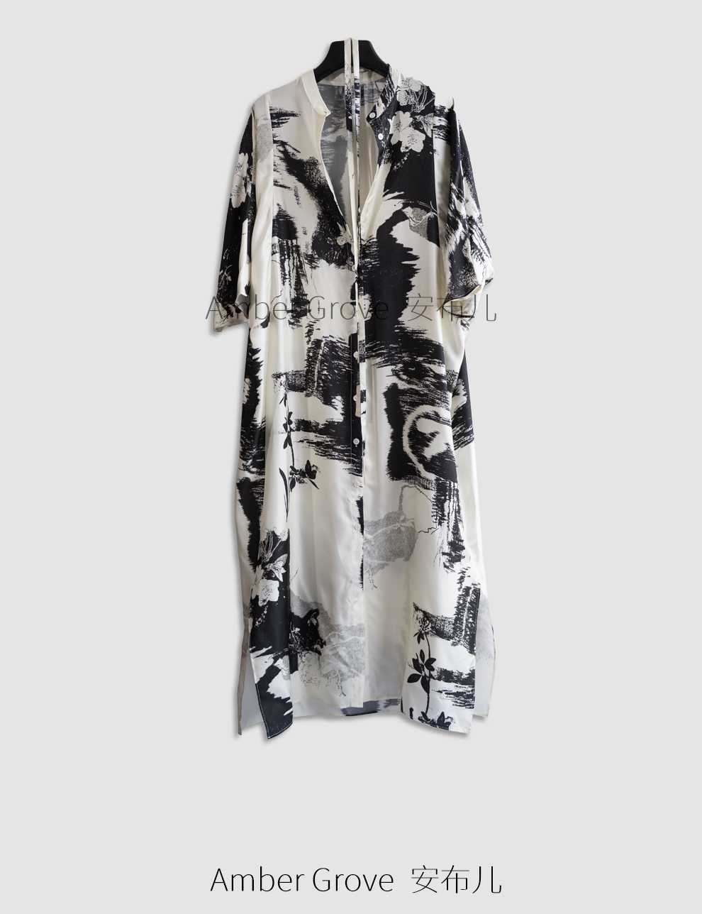 qiang裂推荐！黑白水墨笔触圆领印花桑蚕丝连衣裙AC02S006