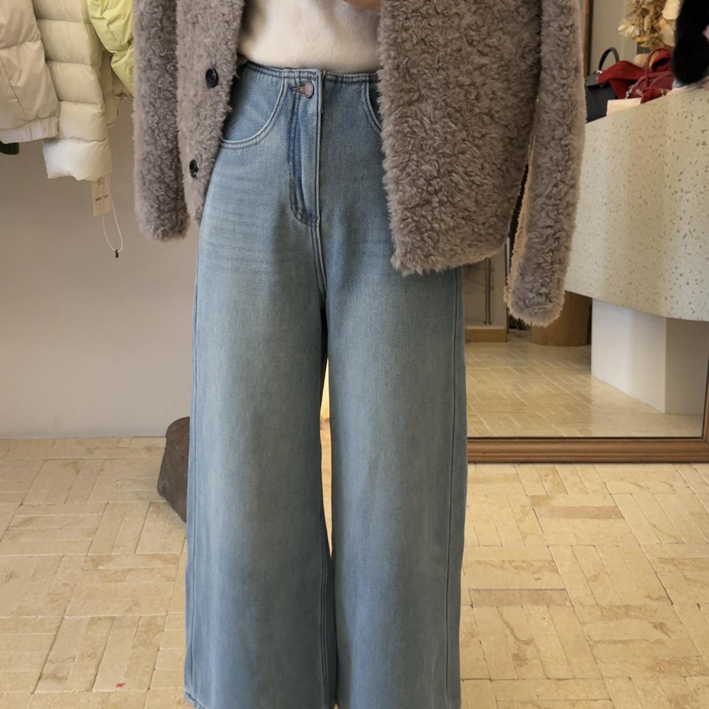 1.2 特价福利款~NO退换 浅蓝色复合绒牛仔阔腿裤HK7257