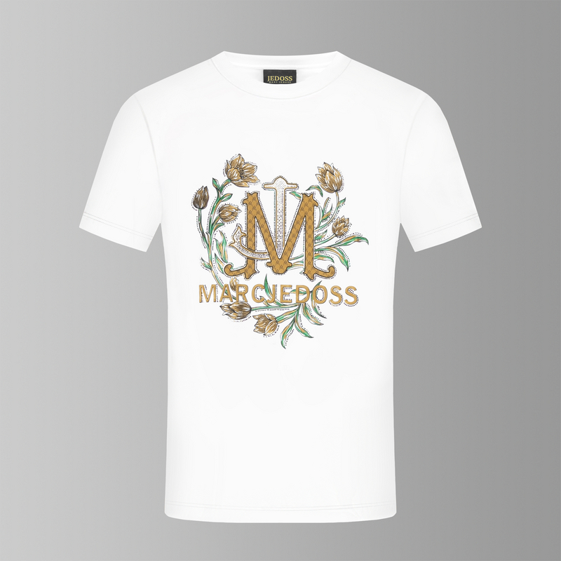 JEDOSS/爵迪斯2025夏季新款潮流花卉烫钻胶印白色半袖短袖T恤418