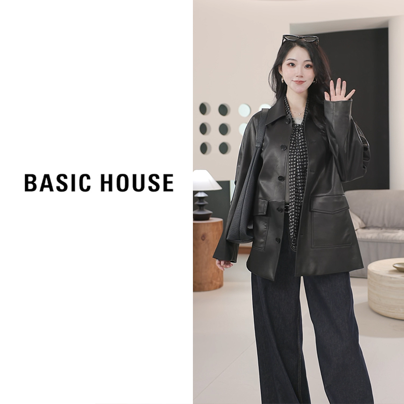 Basic House/百家好2025宽松外套皮衣女B1295B52462（衣长75）