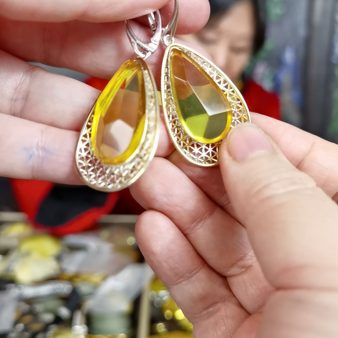 琥珀耳饰银S925镶嵌耳环