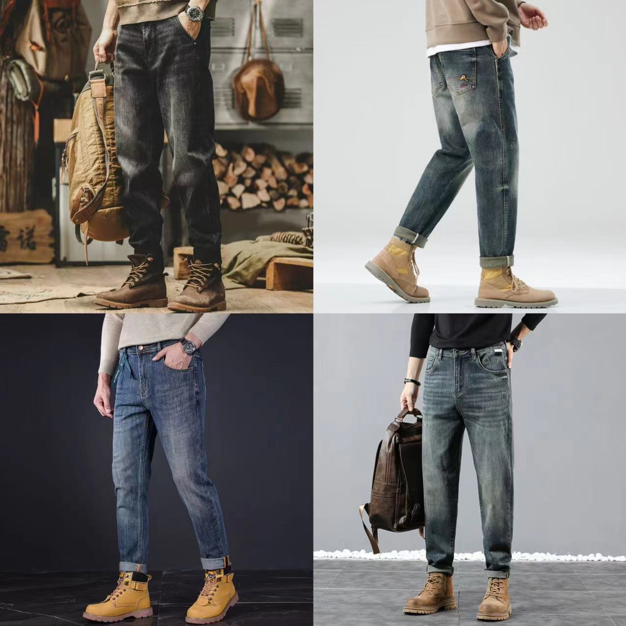 复古蓝牛仔裤男高端重磅水洗深蓝修身小直筒秋冬弹力厚款长裤子