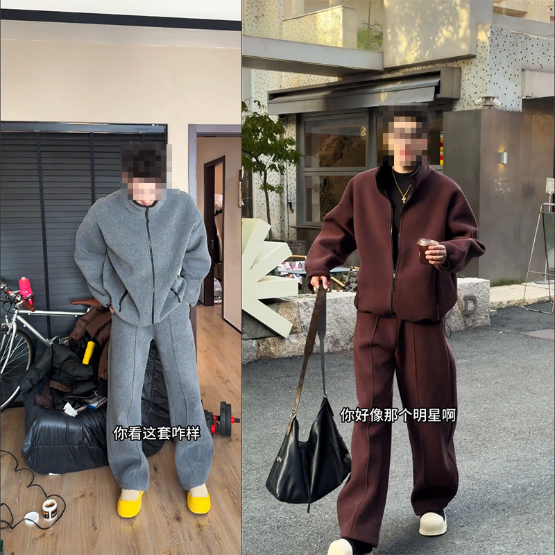 秋冬新品重磅双面摇粒绒休闲套装男慵懒风保暖舒适百搭外套长裤