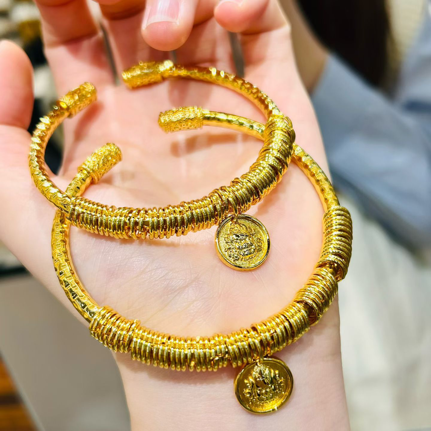 铜合金手链 铜合金黄财神盘缠锤纹精工平安喜乐 1020