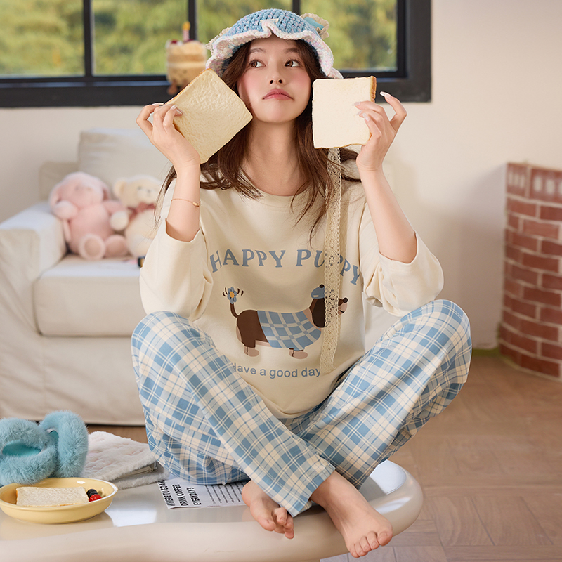 睡衣女秋冬款加厚长袖羊毛绒杏色腊肠狗保暖2025年新款家居服套装