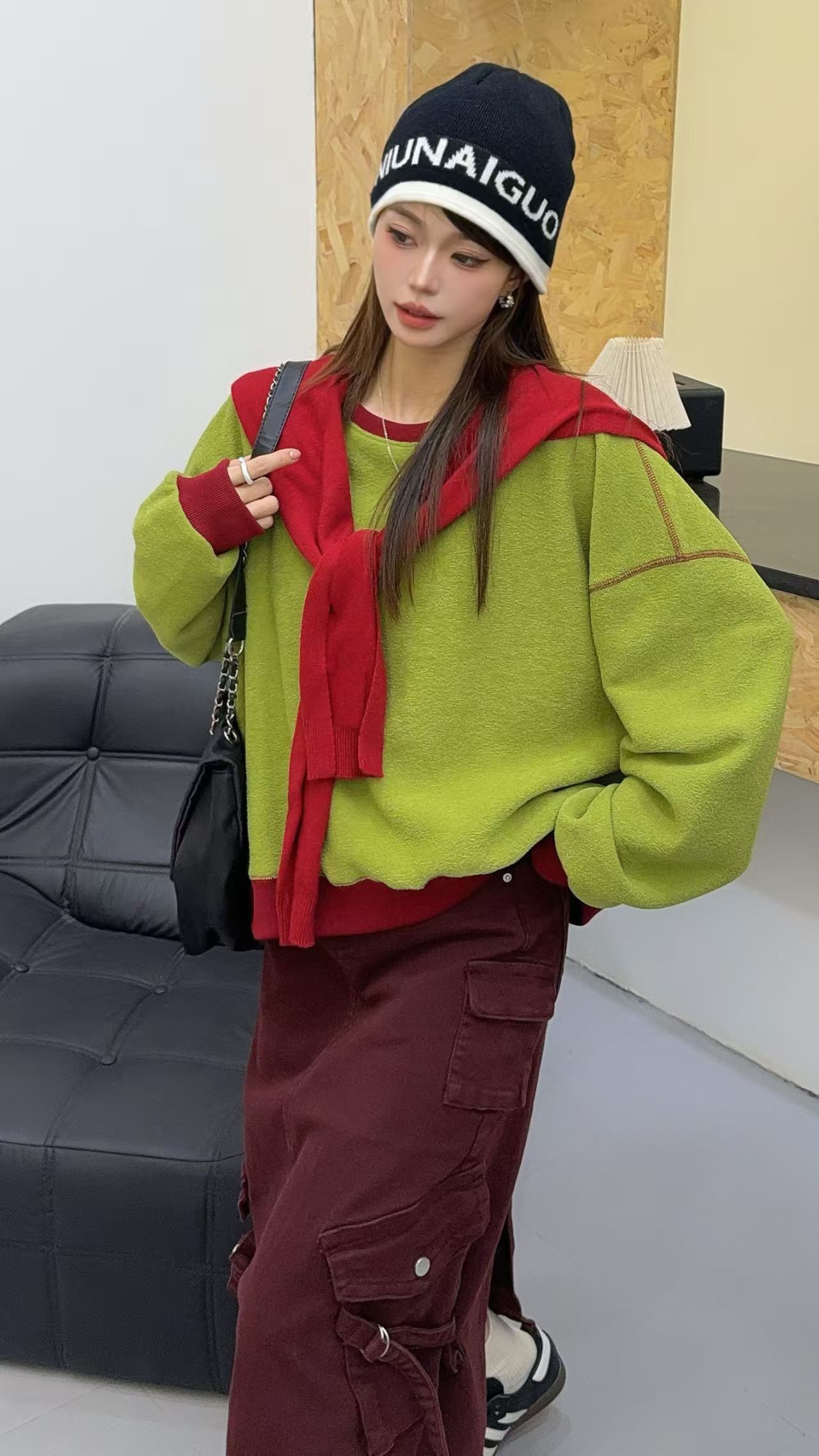 秋冬新款拼接撞色毛巾布卫衣女宽松大码潮流上衣保暖慵懒风大内搭