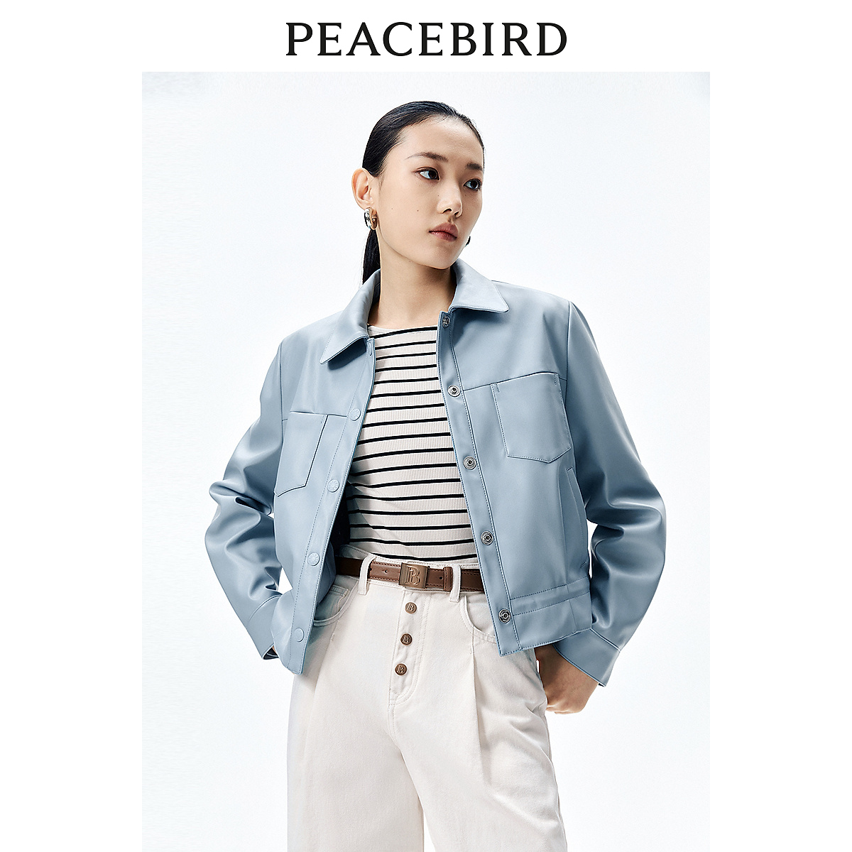 【丽公主专属】【张婧仪同款】太平鸟蓝色短款PU外套女A1BBE1355