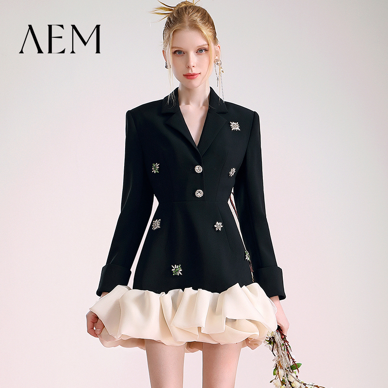 【现货】AEM_西装裙钉珠气质优雅欧根纱拼接显瘦通勤连衣裙CM700212