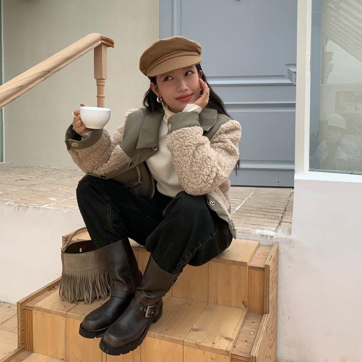 秋冬加厚撞色皮领拼接保暖羊羔毛外套女时尚83919