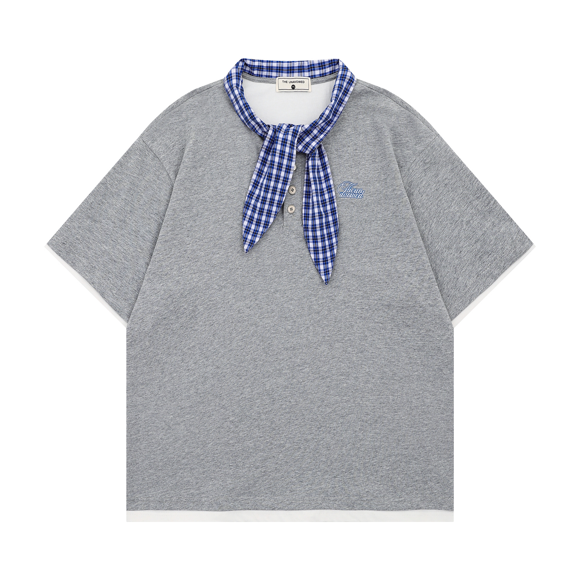 592C 男女同款个性蓝格子领带假两件短袖T恤ins