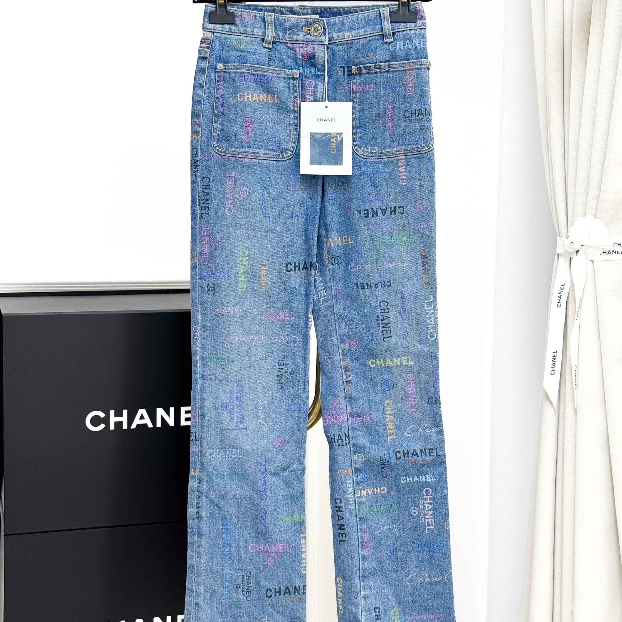 99新 Chanel/香奈儿 34码 蓝色拼彩色 涂鸦字母 牛仔长