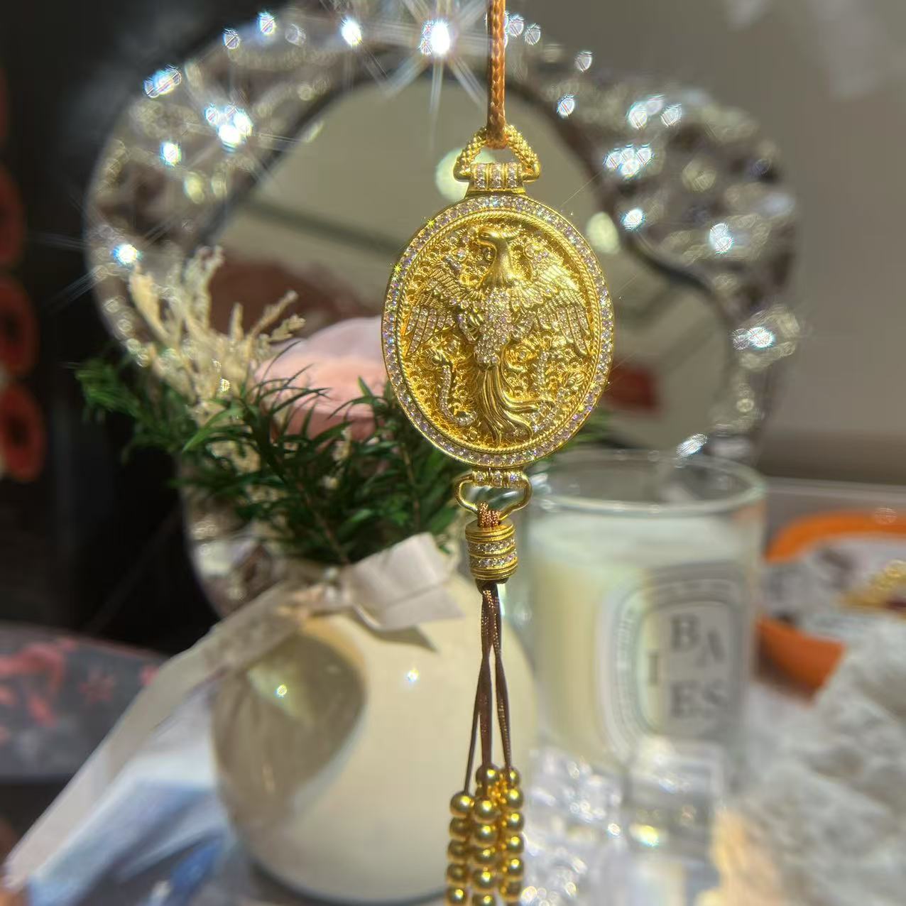 【麦绮珠宝】足金999古法镶嵌莫桑金凤香囊吊坠