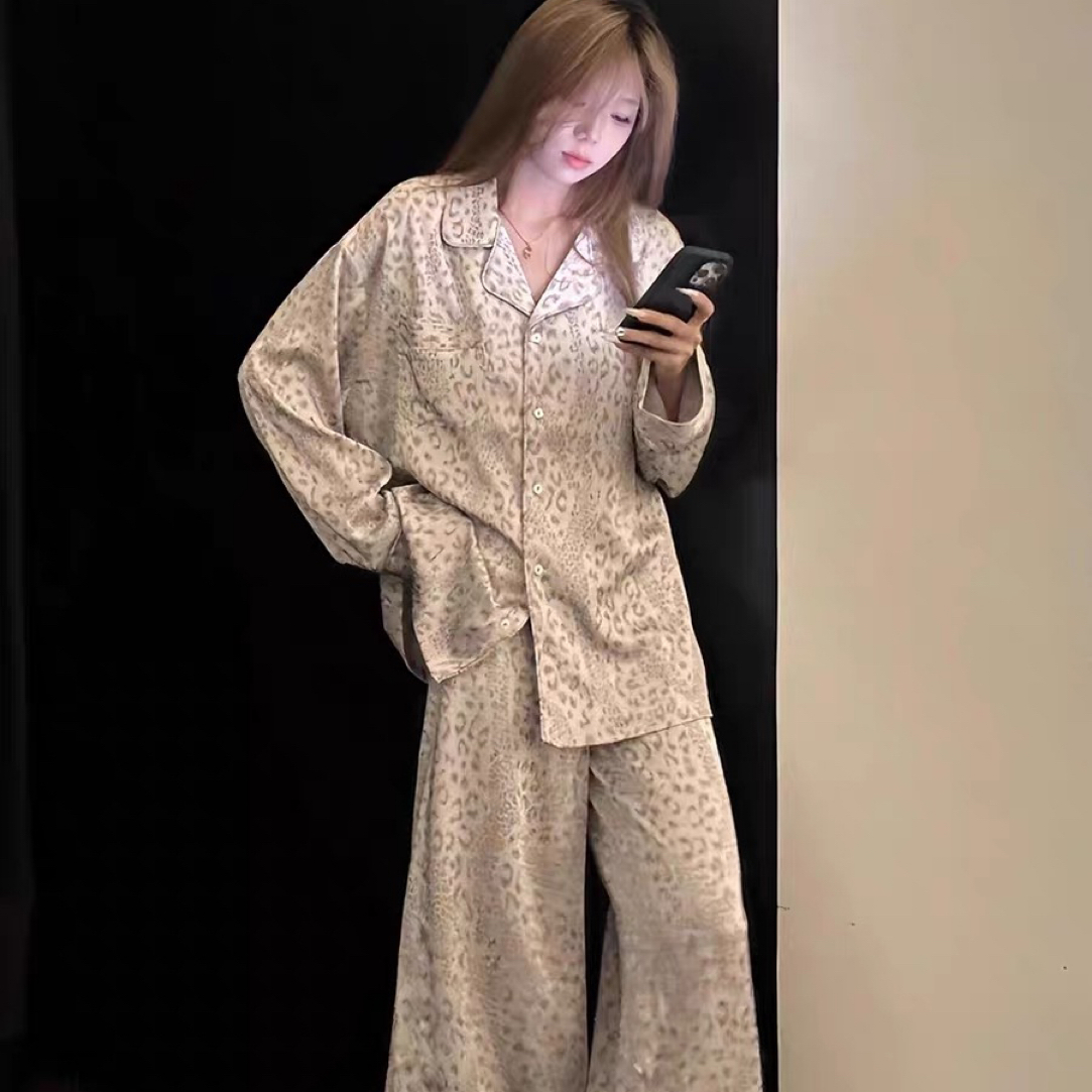 【全智贤】豹纹印花长袖长裤翻领可外穿秋季简约风舒适家居服