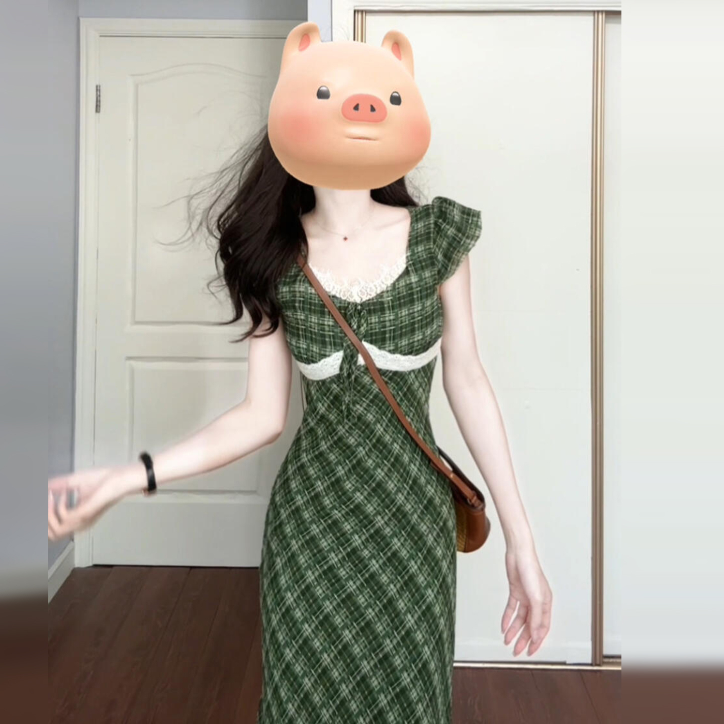 【现货+运补】绿色格纹连衣裙海边度假高级感收腰长裙4952