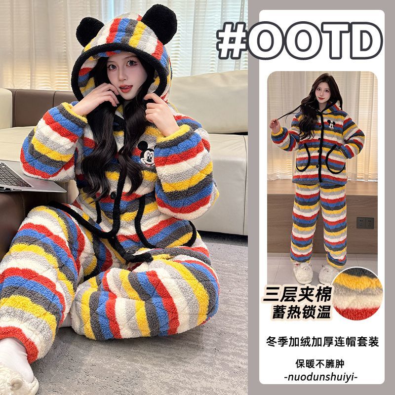 秋冬季加厚长毛绒款睡衣女珊瑚绒三层夹棉加绒保暖米奇家居服外穿