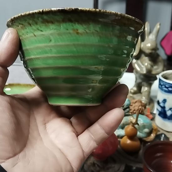 出***喜陶瓷片磁州窑五厂帝王绿斗笠盏