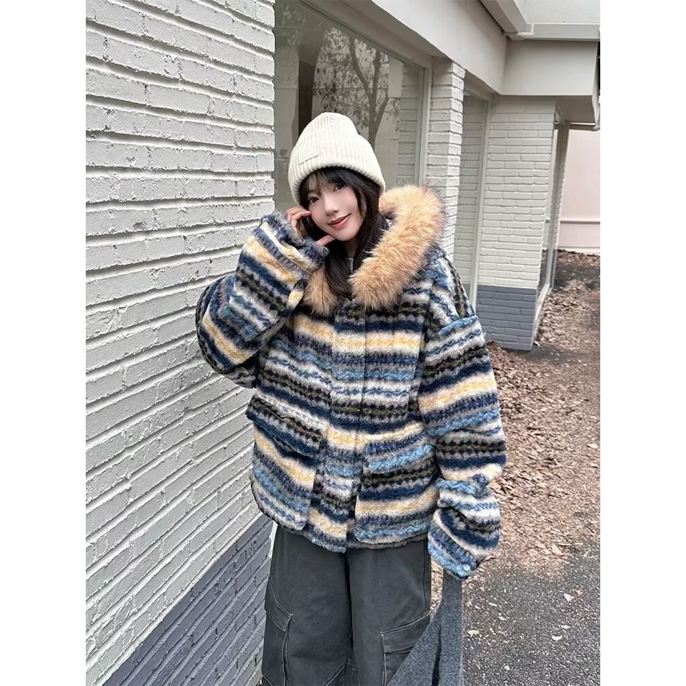 美式复古大毛领条纹撞色保暖外套冬季男女休闲百搭加厚棉衣棉服潮