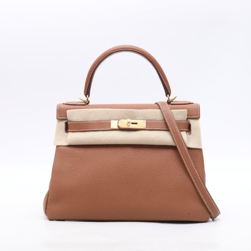 99新 Hermes/爱马仕 小花柳 单肩包 28 金棕色 Togo皮 Z刻 金扣
