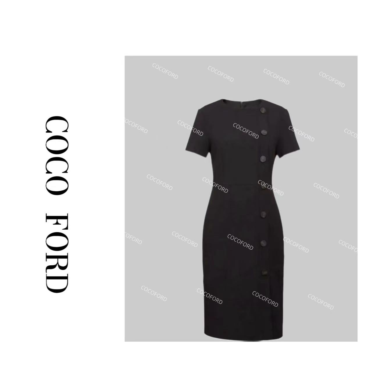 【COCO FORD】王妃排扣短袖时尚气质质感轻奢修身连衣裙G25007