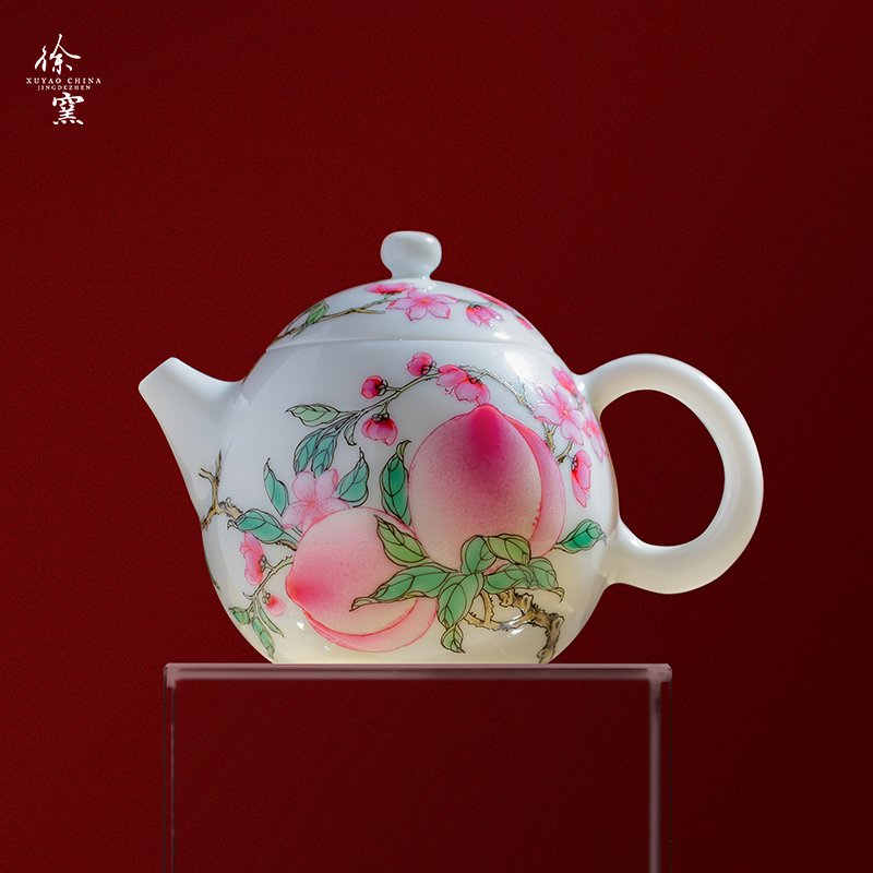 徐窑粉彩四桃元宝壶 景德镇手工绘画陶瓷茶具