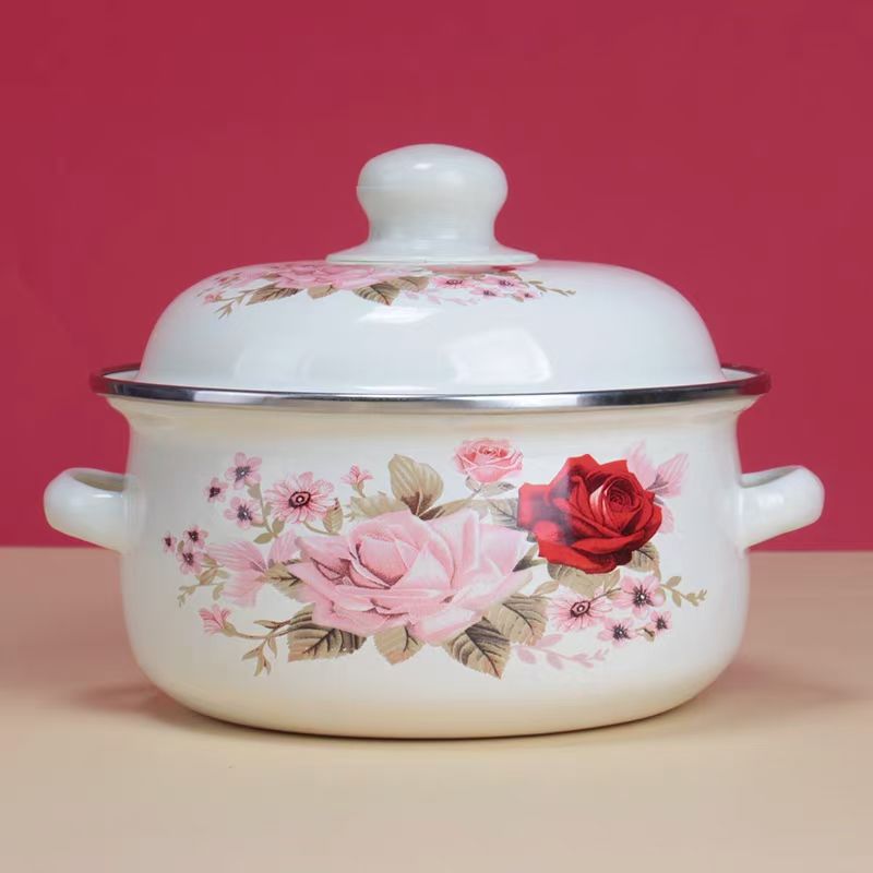 18厘米加厚红玫瑰搪瓷锅1个
