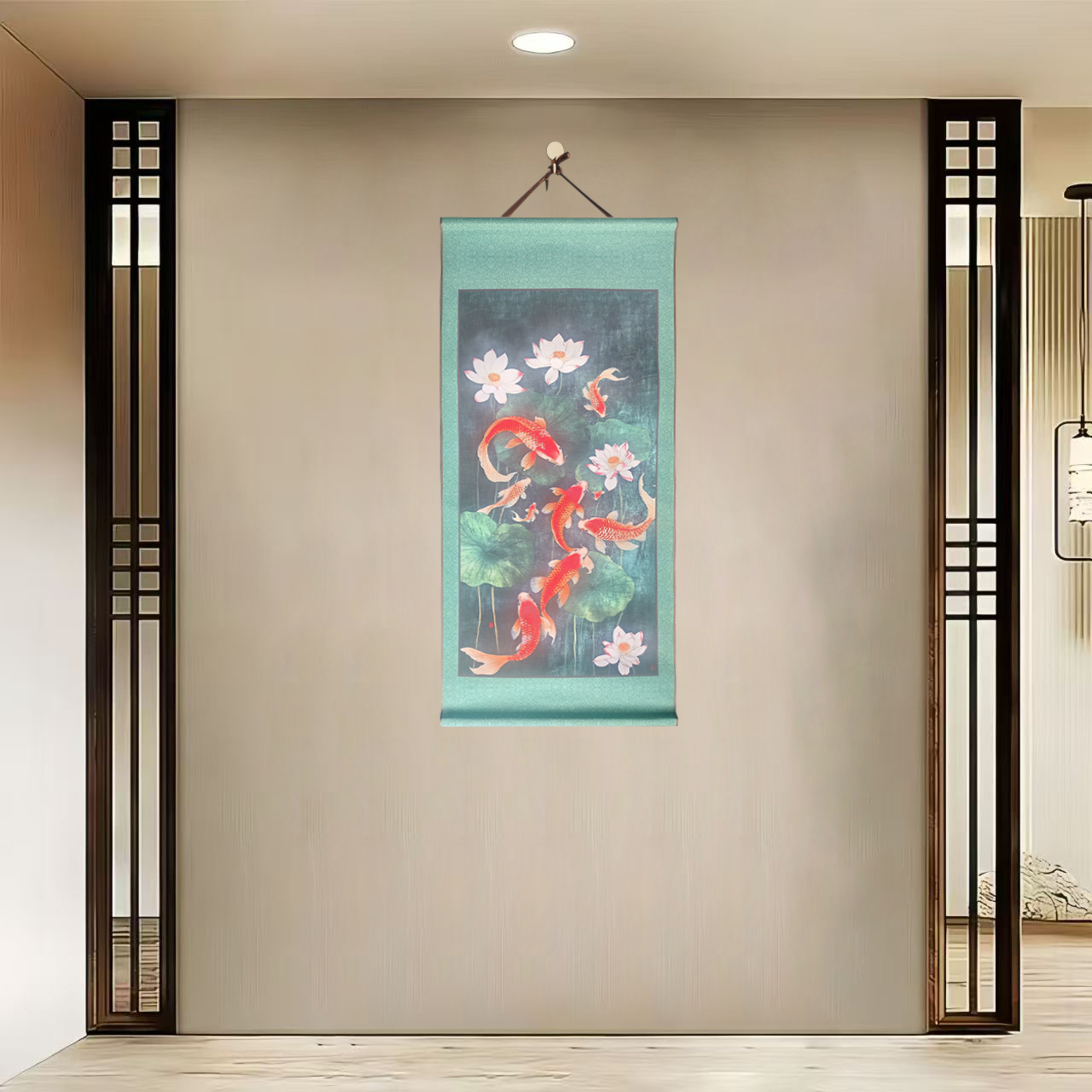 【40-A11河池锦瑞九鱼图】40x85cm现代简约挂轴办公室家居装饰画
