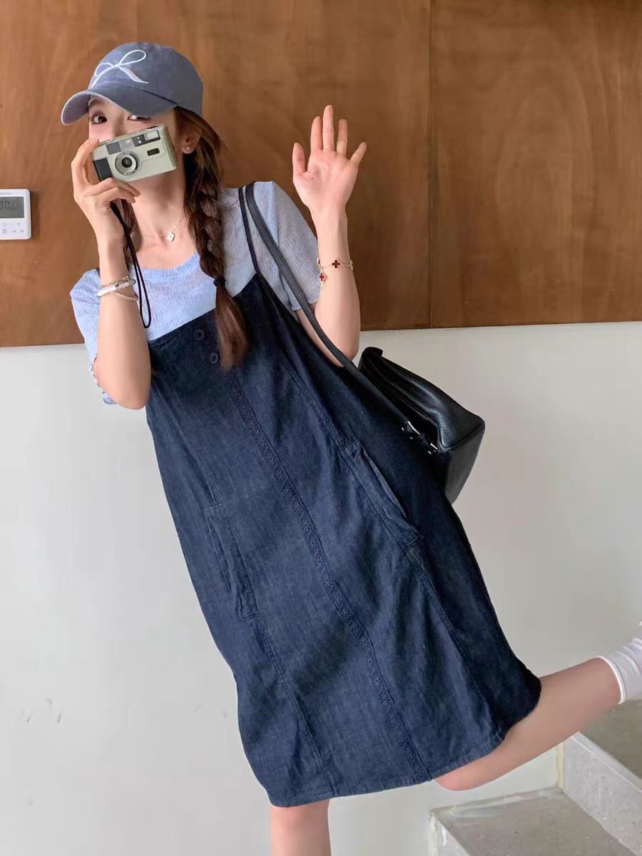 817款牛仔吊带连衣裙两件套减龄活泼学院风