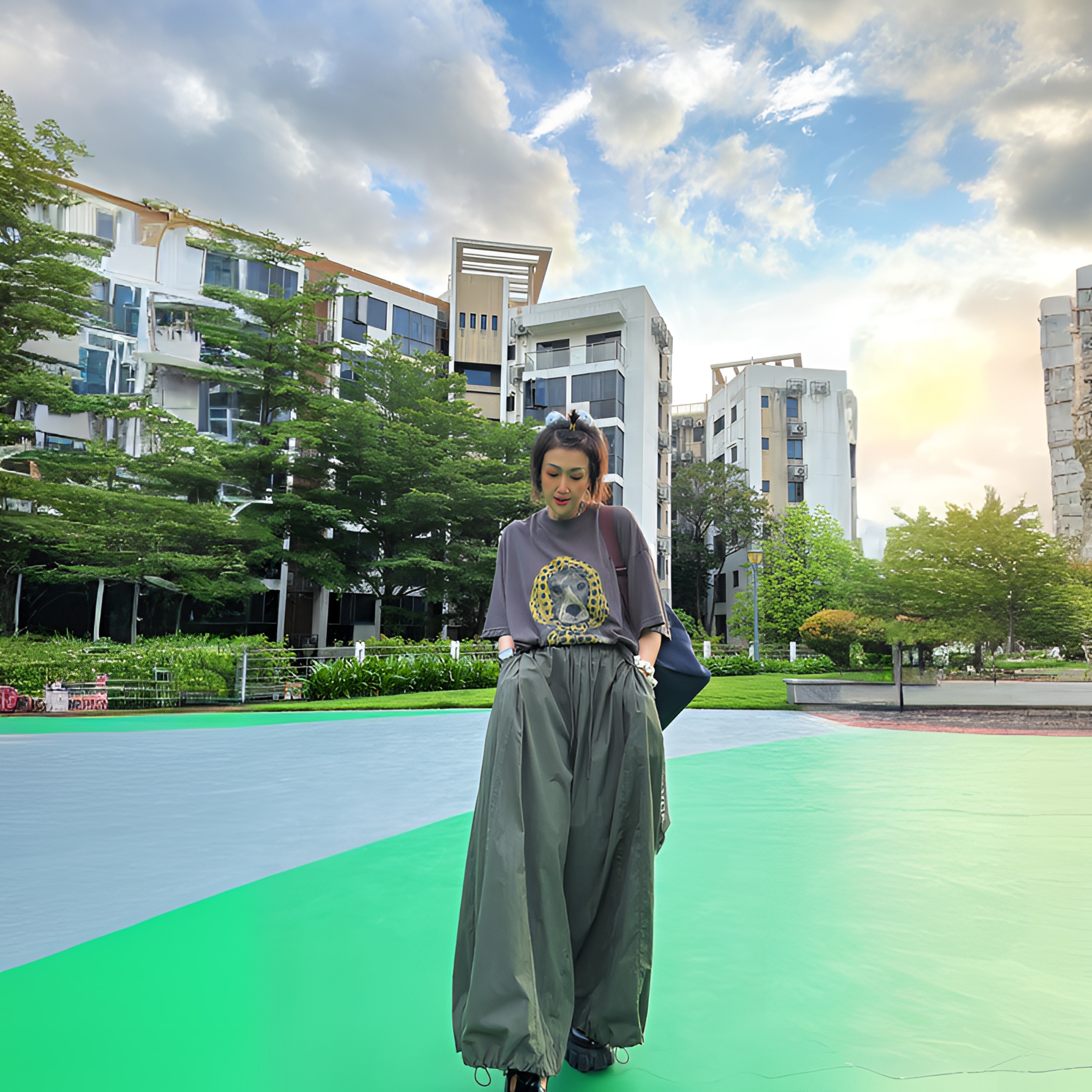熹爱穿搭2025潮牌小众个性设计时尚军绿色阔腿宽松九分裤户外夏季