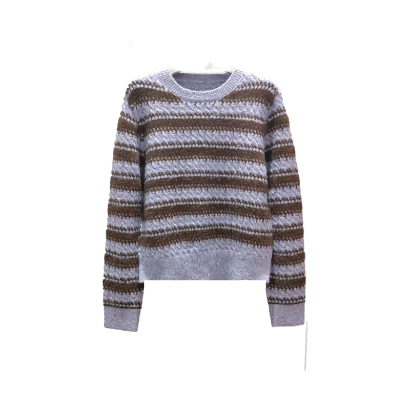 常规款落肩袖条纹圆领百搭毛衣撞色时尚女装休闲风-2643