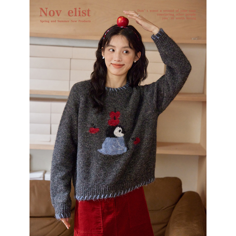 Nov elist什一 法式手工明线企鹅提花套头毛衣