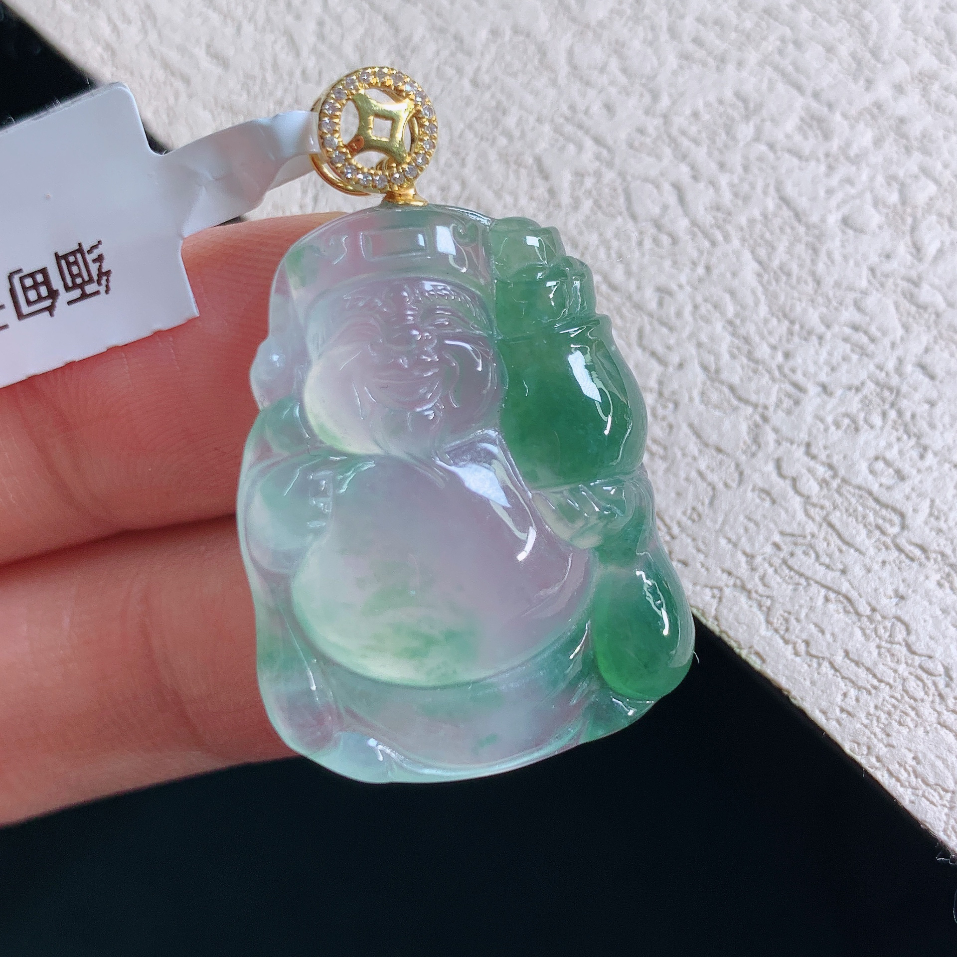 缅甸天然翡翠A货老坑冰种飘花财爷吊坠高品质精雕礼物精美镶嵌