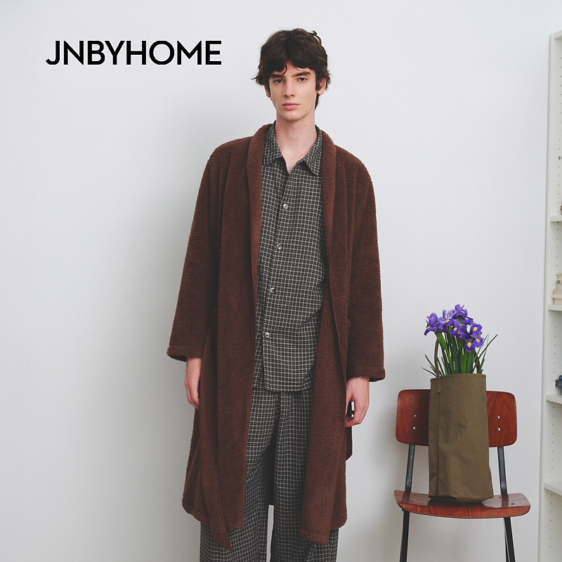 JNBYHOME江南布衣25年秋男女长袖系带睡袍柔软泡泡绒居家长款纯色