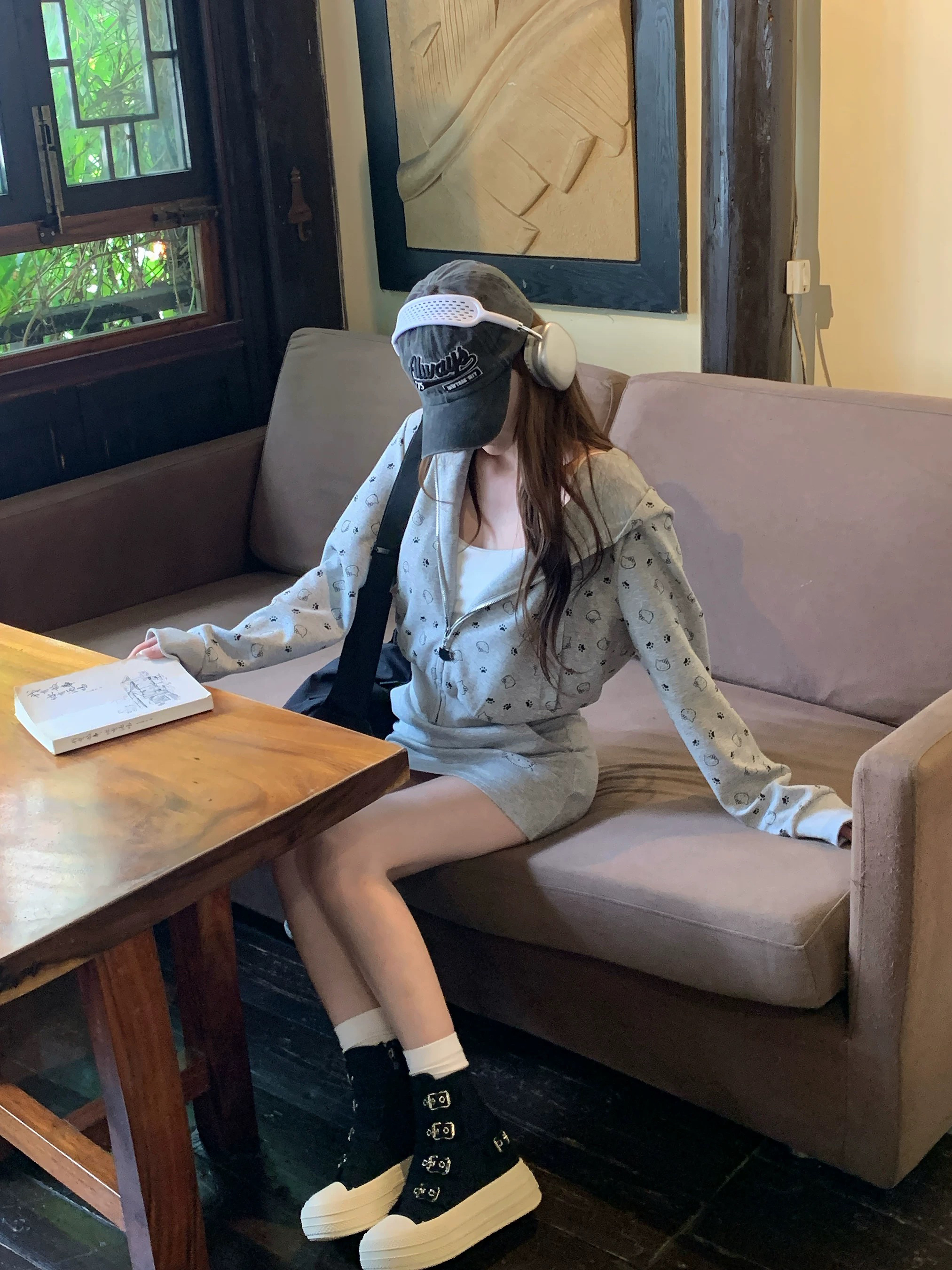 【奶糖】~宅喵心事印花连帽卫衣秋季少女感松弛包臀裙休闲套装