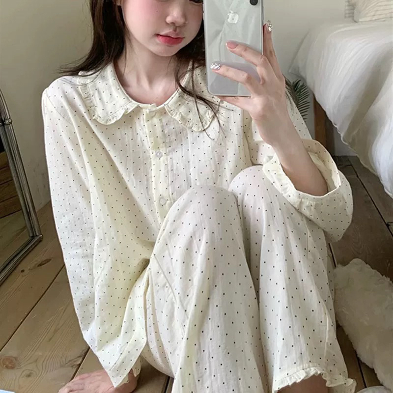 新款加肥加大睡衣秋季娃娃领甜美可爱波点印花家居服