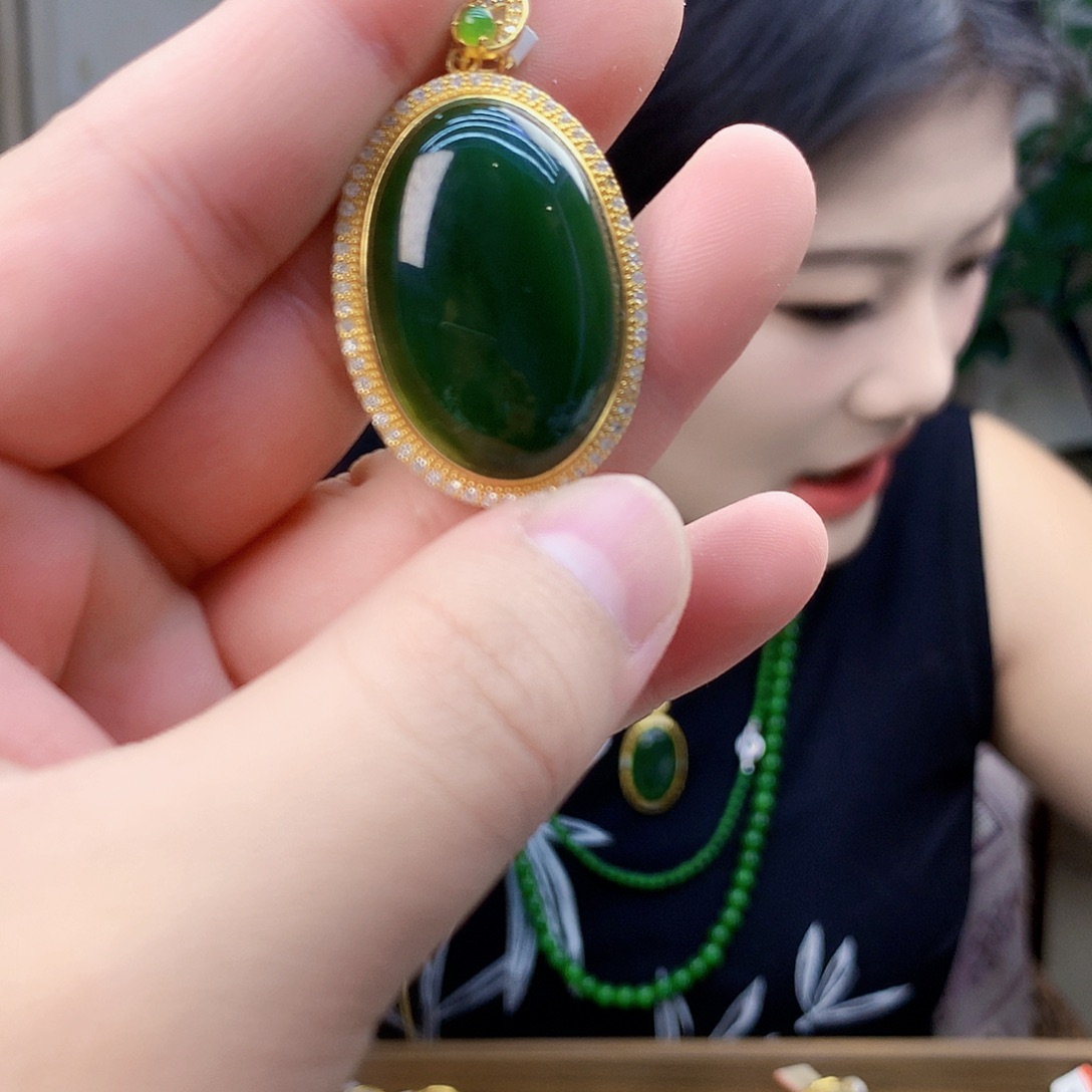 和田玉（碧玉）银S925镶嵌吊坠(不含链)吊坠