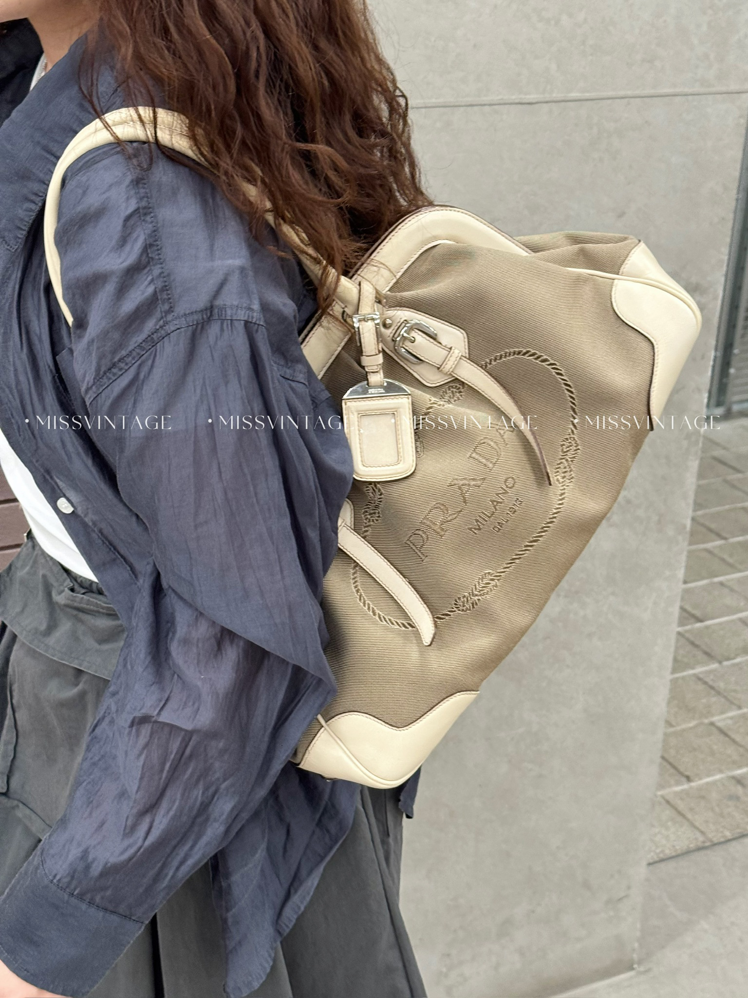 95新 Prada/普拉达 觅时/帆布拼皮单肩/113451