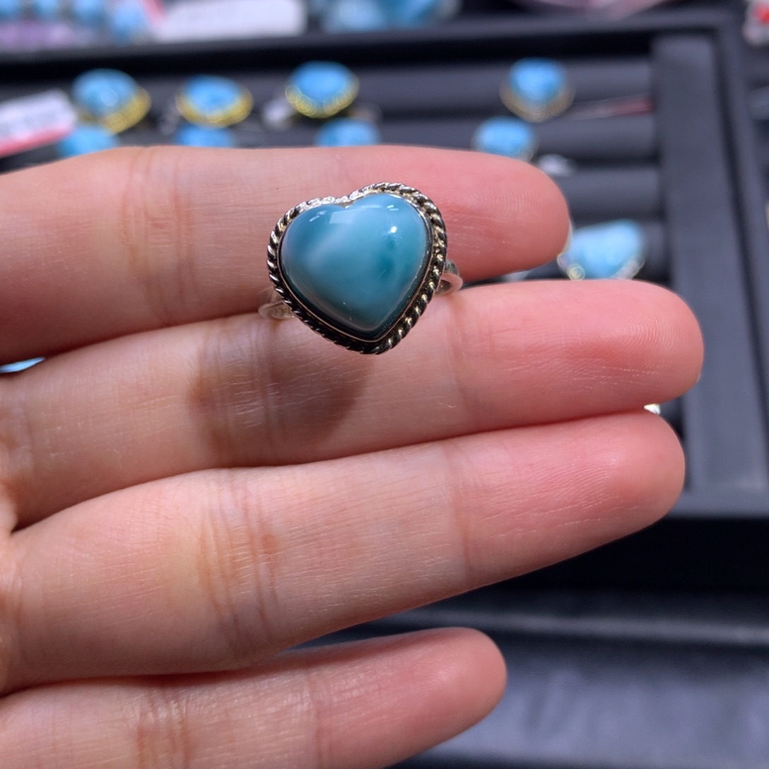 针钠钙石（海纹石）银S925镶嵌戒指爱心戒指色差略异