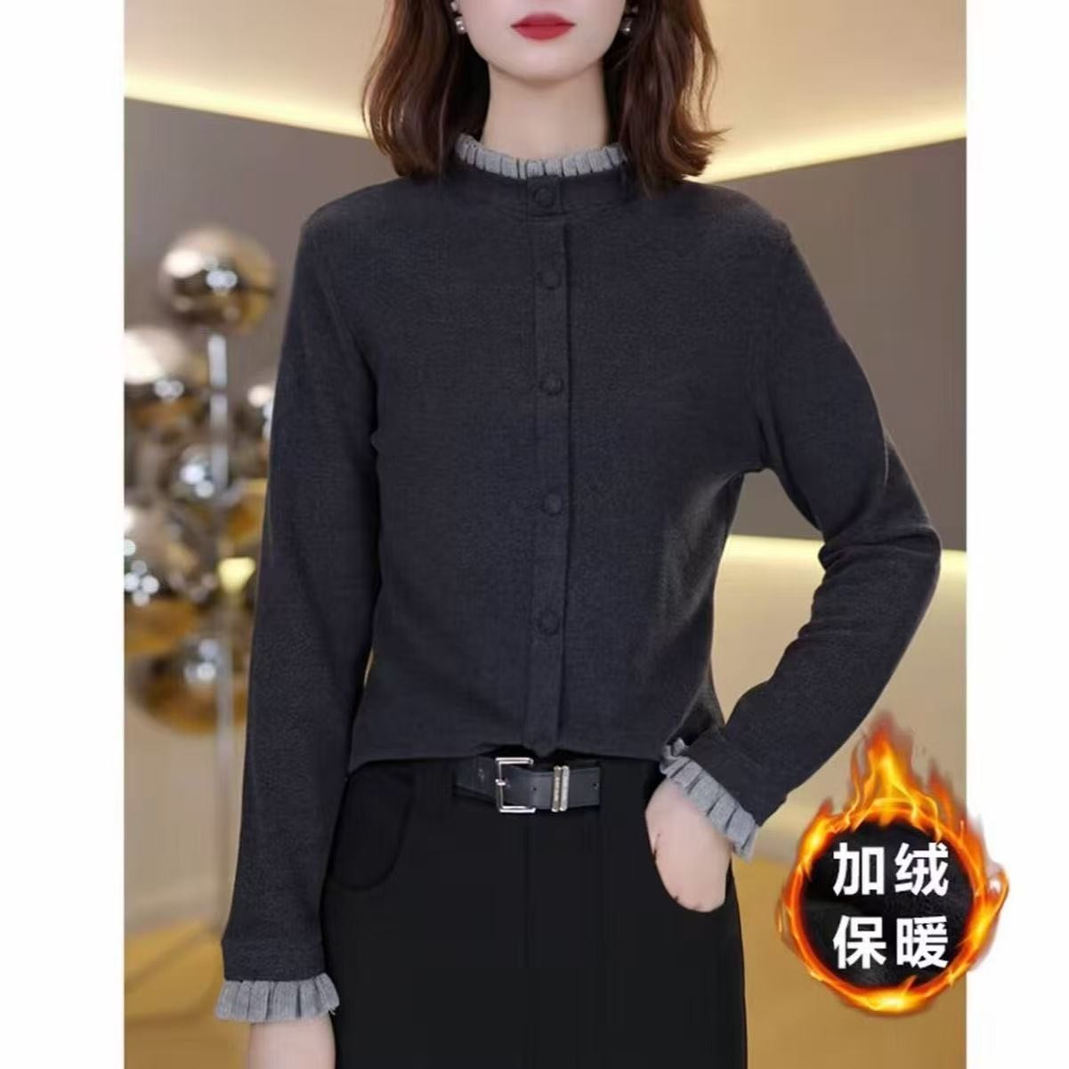 欧货高定木耳边德绒打底衫女秋冬洋气保暖内搭假两件上衣9009#