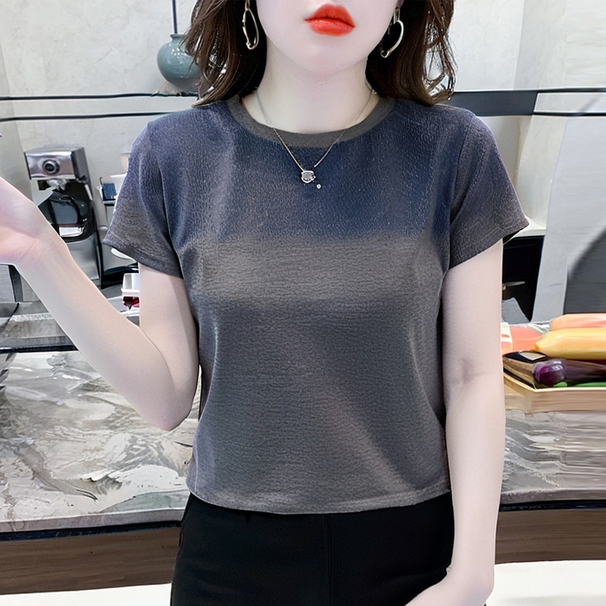 夏季宽松显瘦拼色百搭短袖潮牌T恤女2025年妈妈装洋气体恤衫上衣