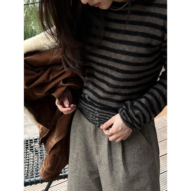 高品羊毛羊驼马海色织条纹圆领针织毛衣 J25MY869