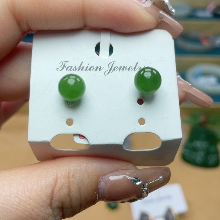 和田玉耳钉银S925镶嵌