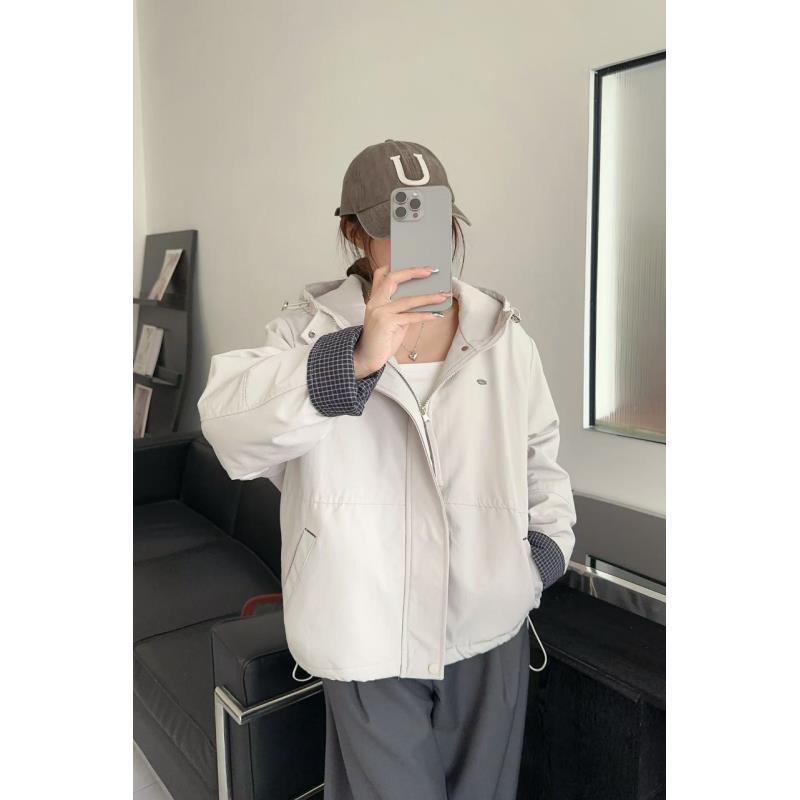 YJ现-[秋季尝鲜季]韩版巴恩风拼格袖连帽外套冲锋衣GL-FD801