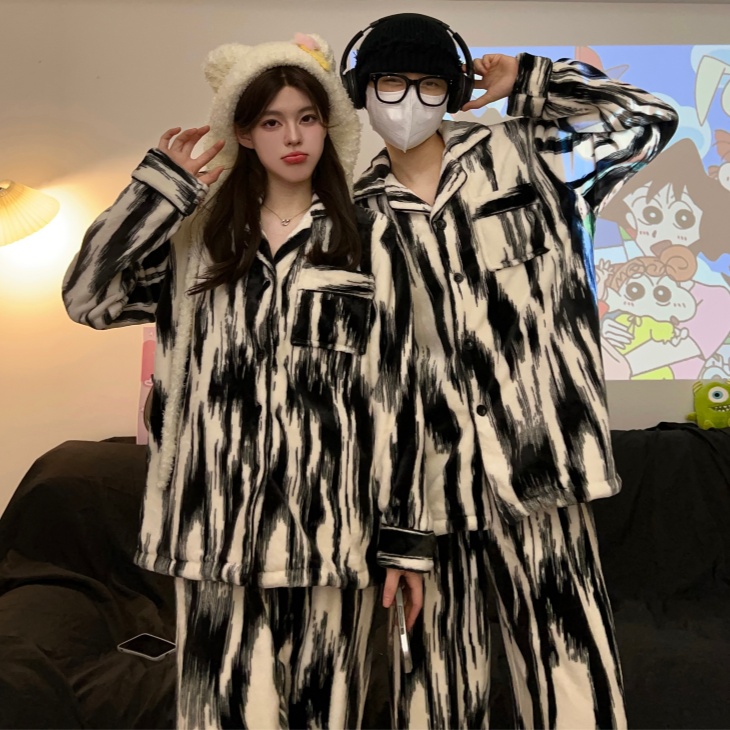 【法兰绒】高级条纹秋冬季情侣睡衣加厚宽松大码家居服可外穿套装