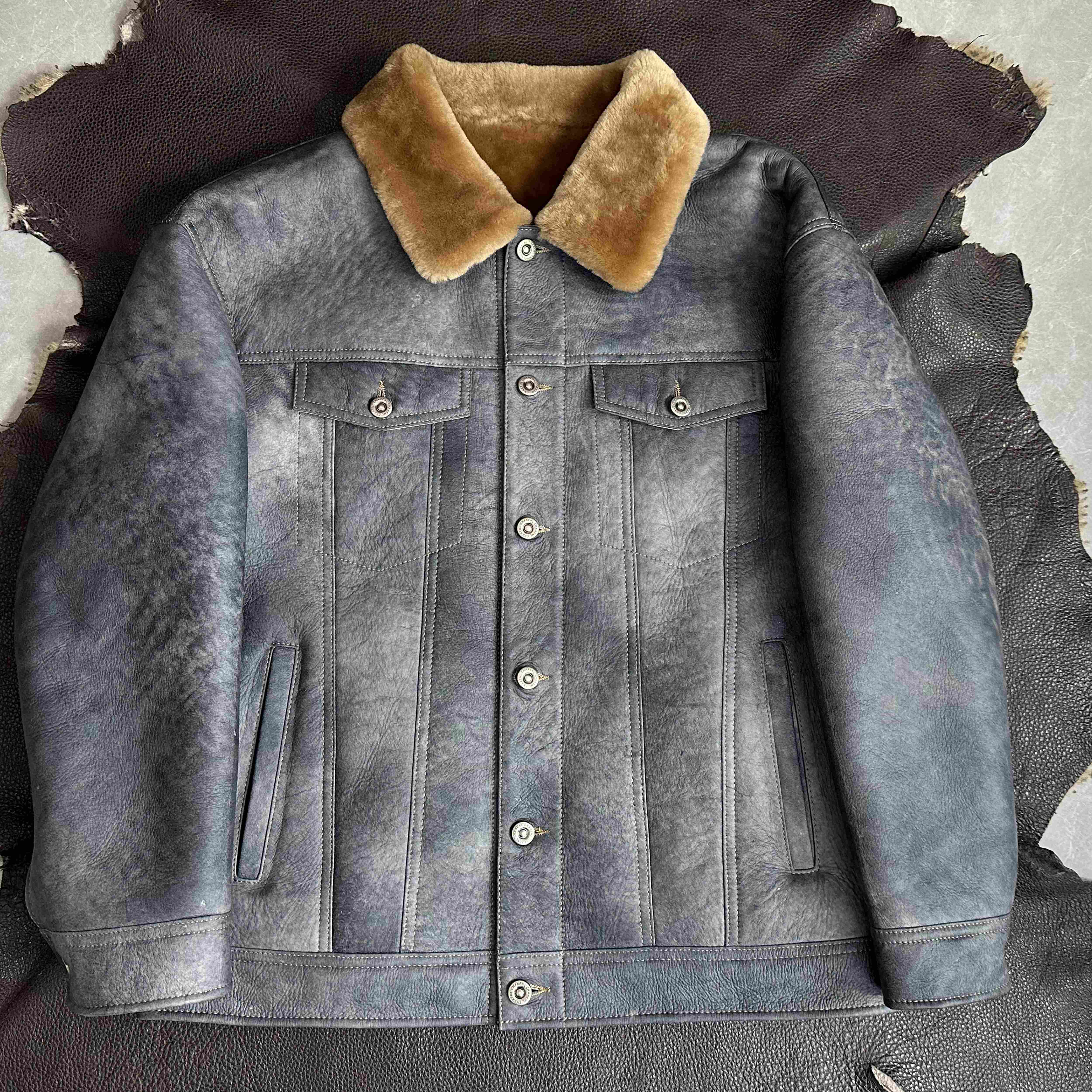 原生态羊皮毛一体重工牛仔西班牙美利奴男士冬季真皮外套个性保暖