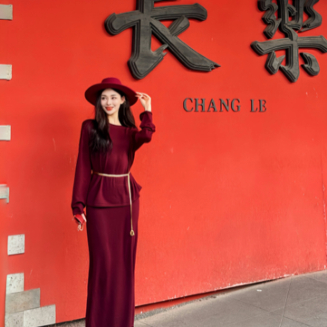 GIRDEAR/哥弟「赏梅赴约」新款针织衫极简休闲套装女(两件套)168001