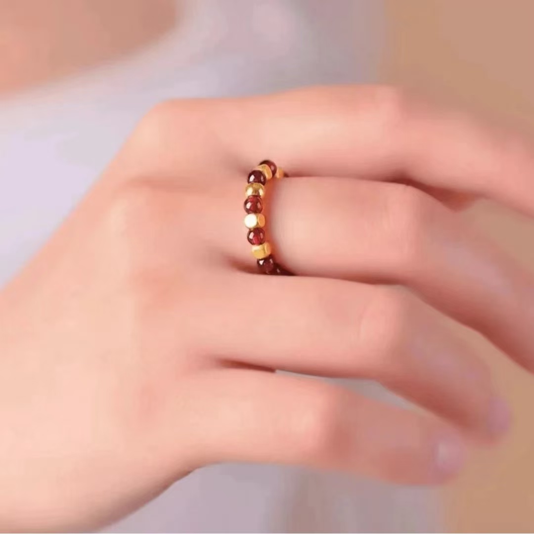 【黄金补贴】足金卡四圆珠搭配石榴石女款戒指