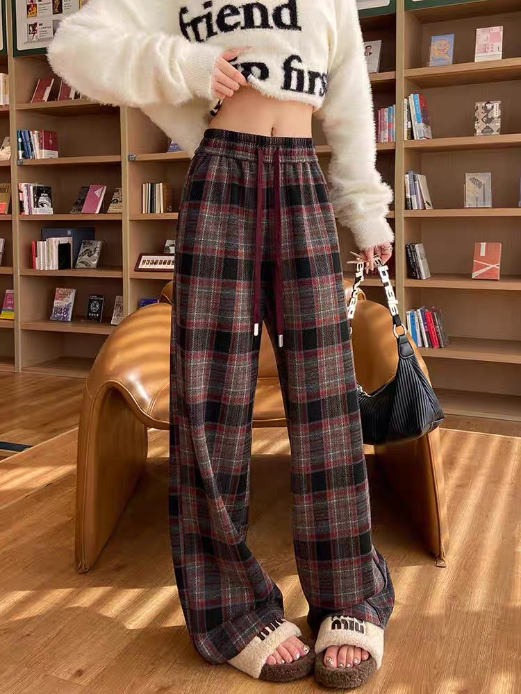 清 仓 裤 加绒加厚毛呢格子裤 显瘦洋气百搭女士复古休闲直筒裤