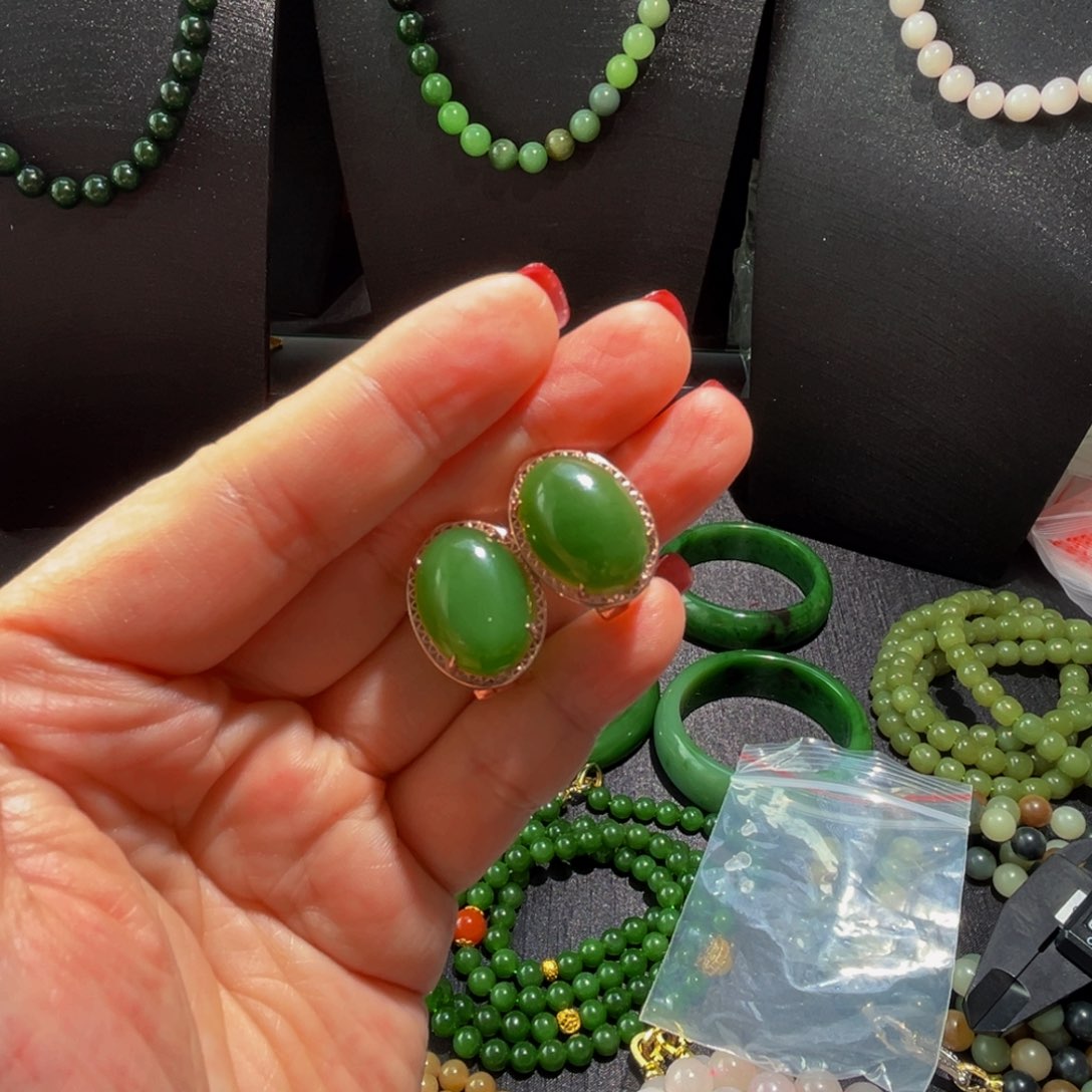 银S925镀金镶嵌和田玉耳饰林**二俄料